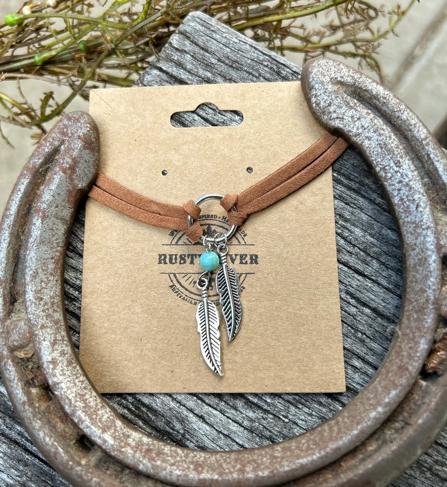 Brown Leather Choker | Feather & Bead Charm