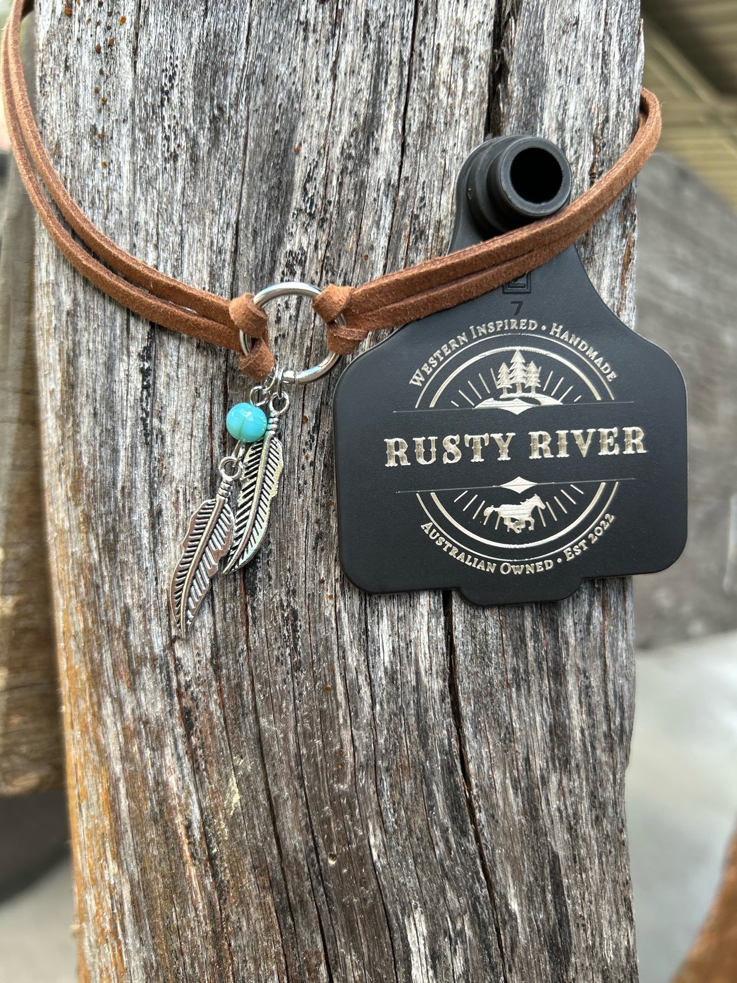 Brown Leather Choker | Feather & Bead Charm