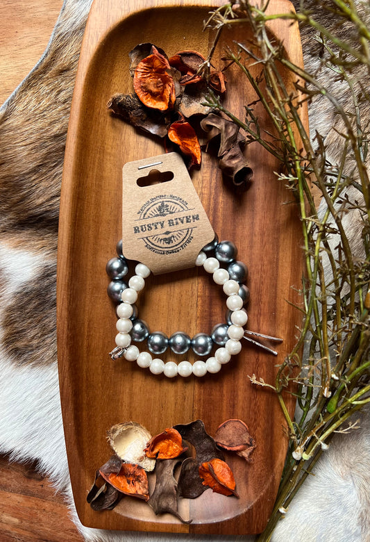 Silver Blue & Pearl Bracelet Set