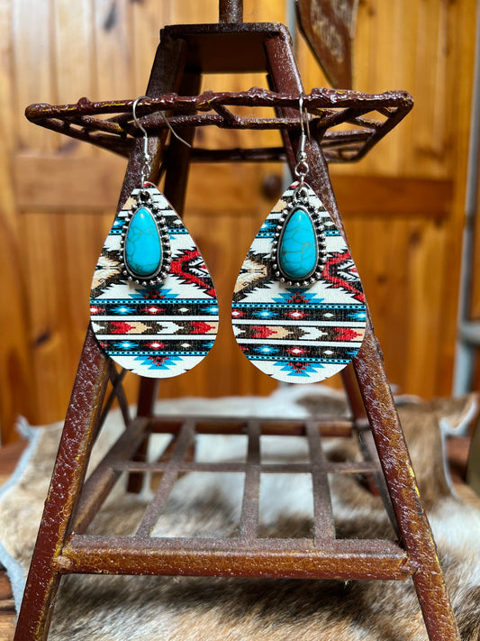 Teardrop Dangle Set | Aztec Print & Turquoise Stone