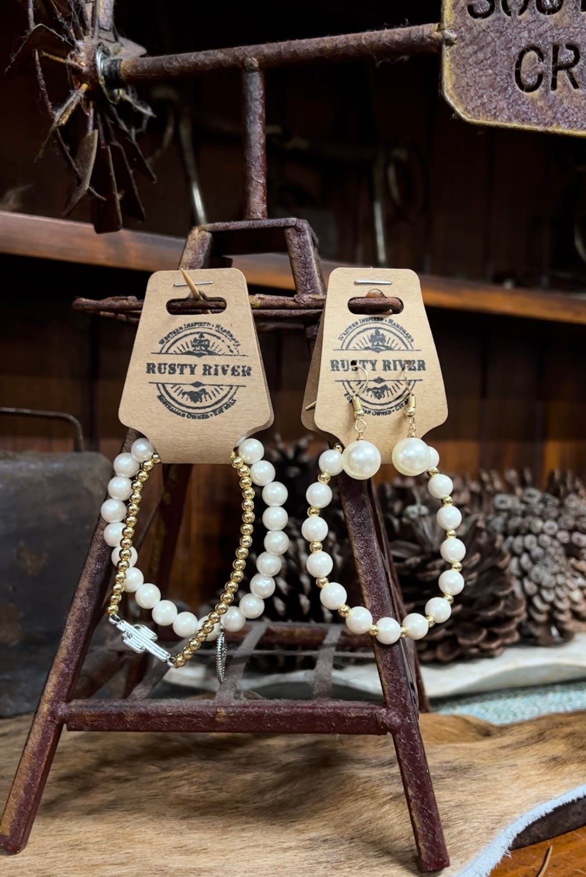 Gold & Pearl Dangle & Bracelet Set