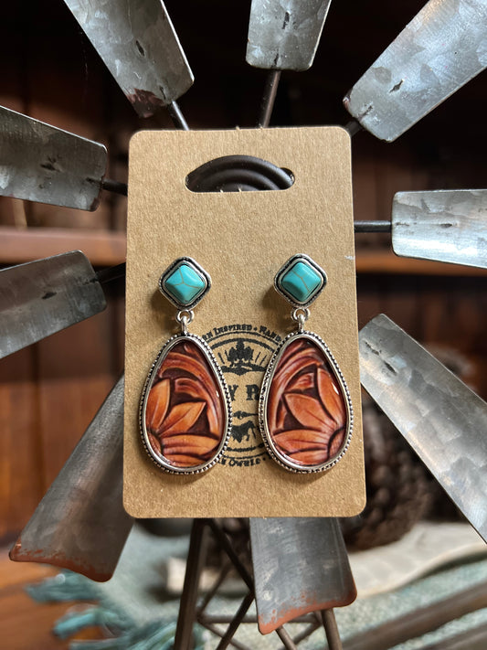 Turquoise Stone | Sunflower Print Dangle Set