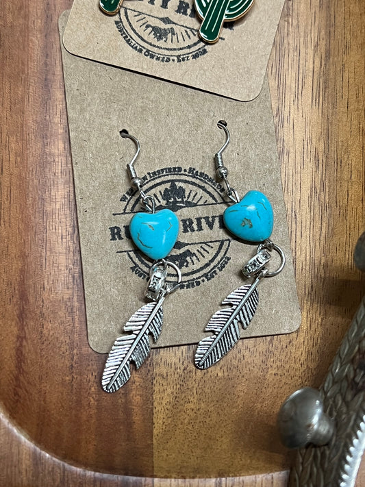 Turquoise Heart | Feather Dangle